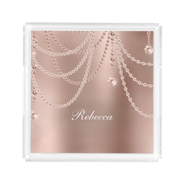 Monogram Rose Gold Pearls Diamonds Bling Glam  Acrylic Tray (Front)