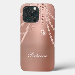 Monogram Rose Gold Pearls Diamonds Bling Glam iPhone 13 Pro Case