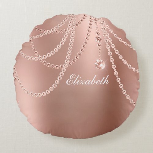 Monogram Rose Gold Pearls Diamonds Bling Glam  Round Pillow