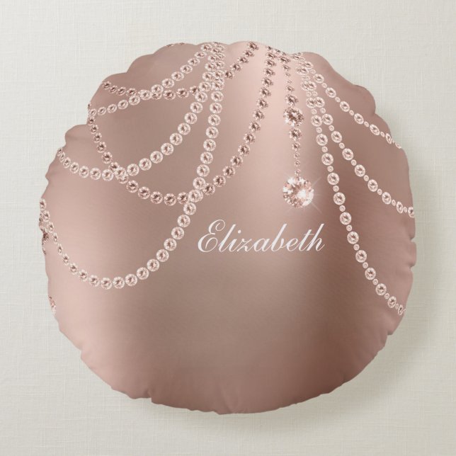 Monogram Rose Gold Pearls Diamonds Bling Glam  Round Pillow (Front)