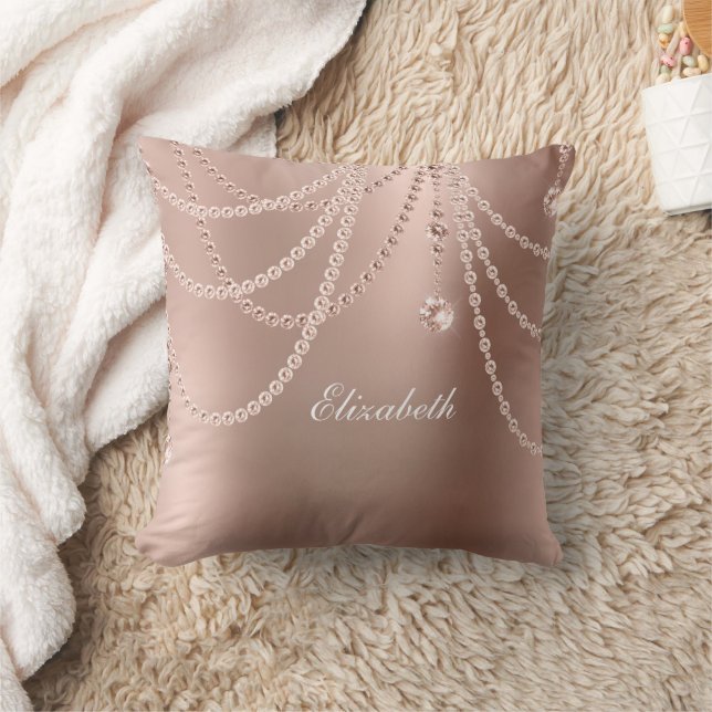 Monogram Rose Gold Pearls Diamonds Bling Glam Throw Pillow (Blanket)