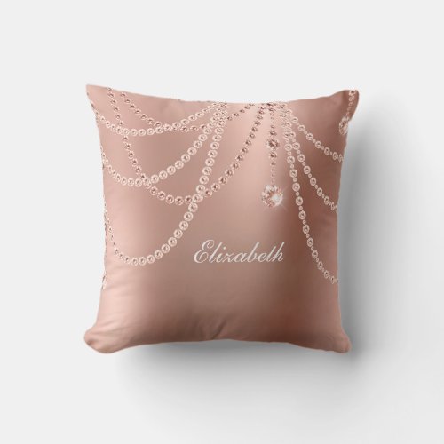 Monogram Rose Gold Pearls Diamonds Bling Glam Throw Pillow