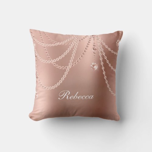 Monogram Rose Gold Pearls Diamonds Bling Glam  Throw Pillow