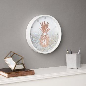 Monogram Rose Gold Pineapple Faux Grey Glitter Clock by paesaggi at Zazzle