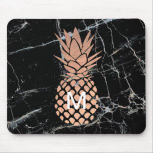 monogram rose gold pineapple on black marble mouse pad