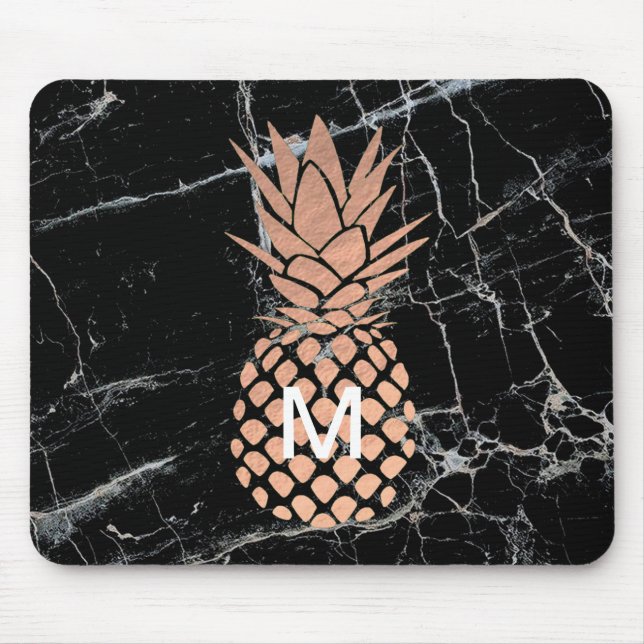 monogram rose gold pineapple on black marble mouse pad (Front)