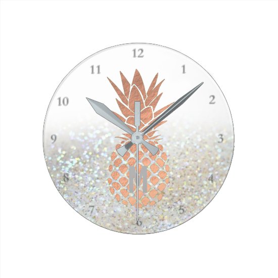 monogram rose gold pineapple on faux grey glitter round clock