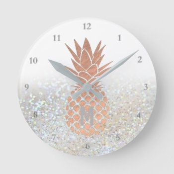 Monogram Rose Gold Pineapple On Faux Grey Glitter Round Clock by paesaggi at Zazzle