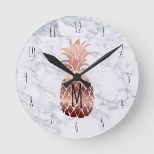 monogram rose gold pineapple round clock