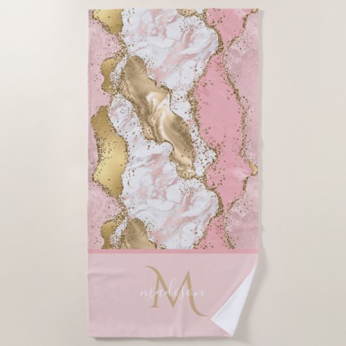 Monogram Rose Gold Pink Agate Liquid Beach Towel