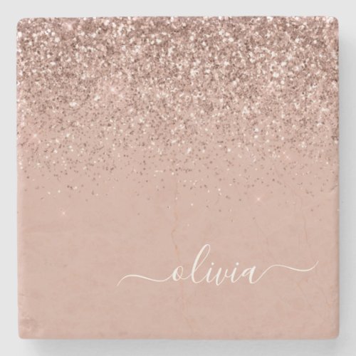 Monogram Rose Gold Pink Black Glitter Script Stone Coaster