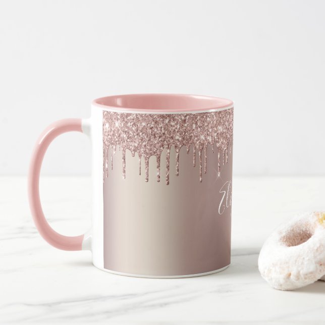 Monogram Rose Gold Pink Dripping Glitter Coffee  Mug (With Donut)