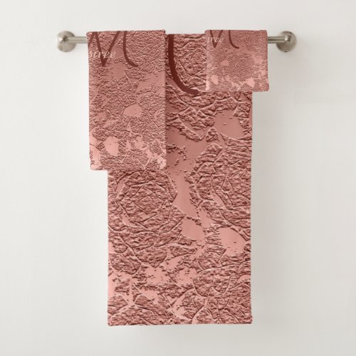 Monogram Rose Gold Pink Floral Modern Classy Bath Towel Set