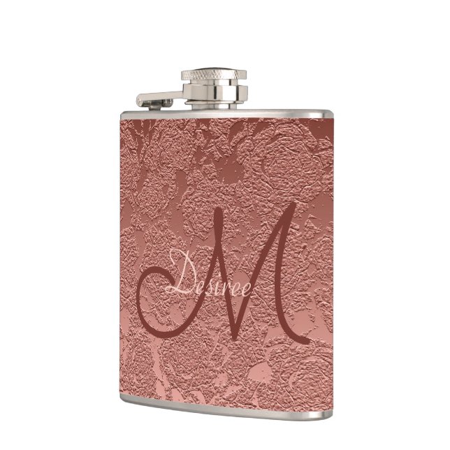 Monogram Rose Gold Pink Floral Modern Elegant Art Flask (Left)