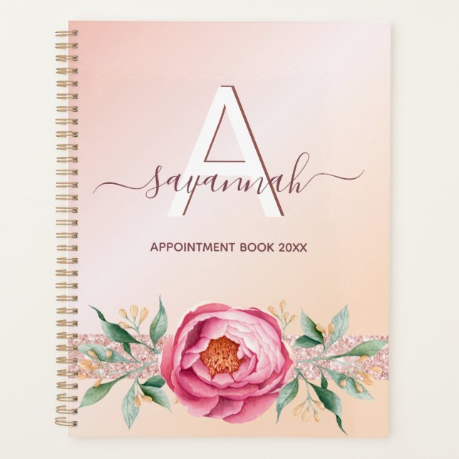 Monogram rose gold pink glitter appointments planner (Front)