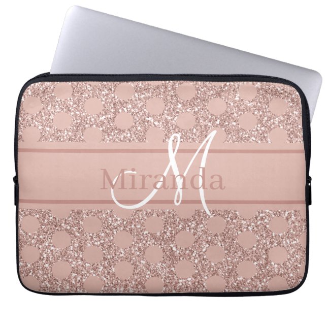Monogram Rose Gold Pink Glitter Girly Polka Dot Laptop Sleeve (Front)