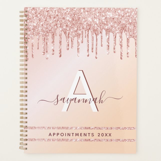 Monogram rose gold pink glitter planner (Front)