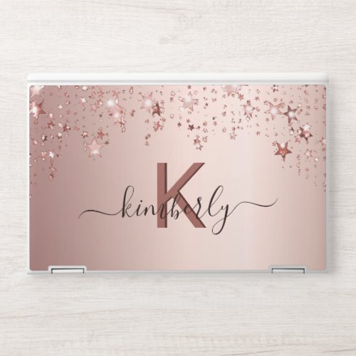 Monogram rose gold pink stars typography HP laptop skin