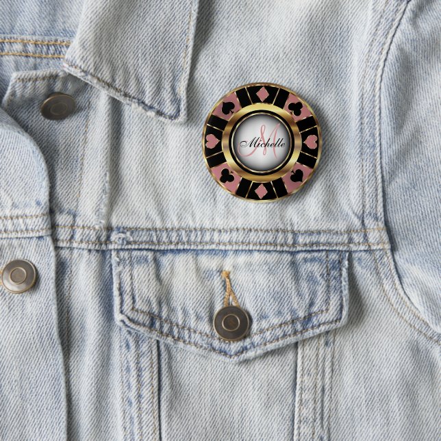 Monogram Rose Gold Poker Chip Casino Design Pinback Button (In Situ)