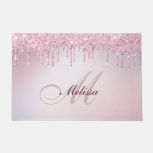 monogram rose gold purple glitter doormat