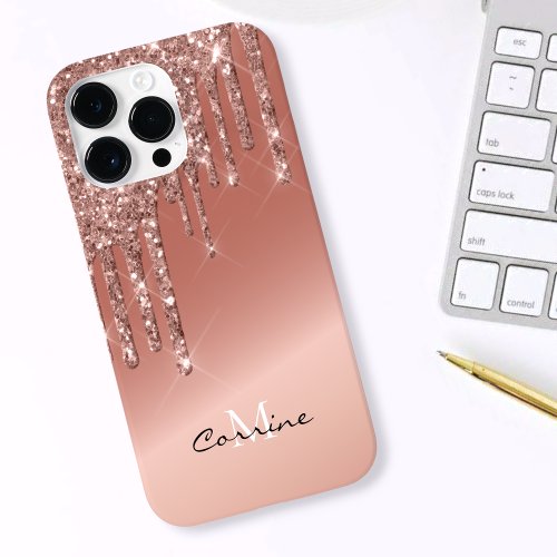 Monogram Rose Gold Side Dripping Glitter Android  Case_Mate iPhone 14 Pro Max Case