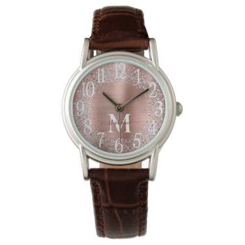 Monogram Rose Gold Silver Glitter Glam Watch