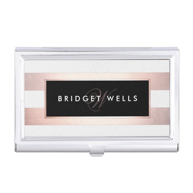 Monogram Rose Gold Striped Case For Business Cards (Front)