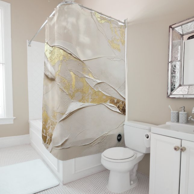 Monogram Rose Gold Textured Plaster Abstract Shower Curtain (In Situ)