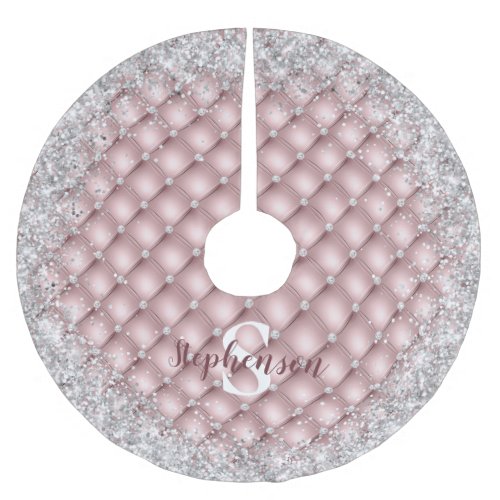 Monogram Rose Gold Tufted Diamond Silver Glitter Brushed Polyester Tree Skirt