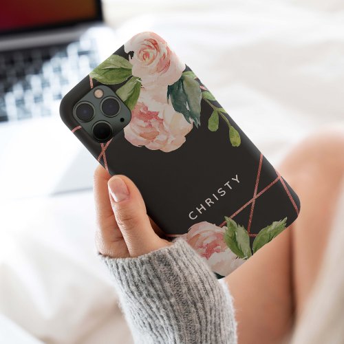 Monogram Rose Gold Watercolor Floral Dark Grey iPhone 15 Pro Case