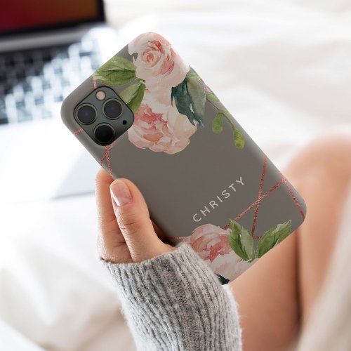 Monogram Rose Gold Watercolor Floral Warm Grey iPhone 15 Pro Case