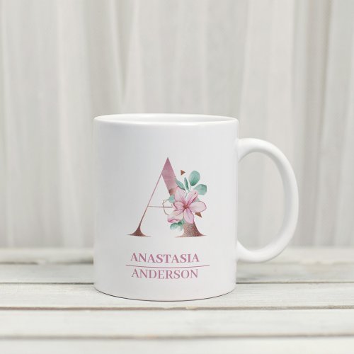 Monogram Rose Gold Watercolor Flower Letter A Coffee Mug