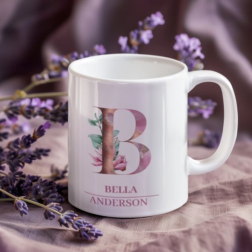 Monogram Rose Gold Watercolor Flower Letter B Coffee Mug