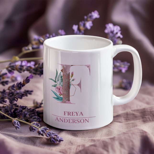 Monogram Rose Gold Watercolor Flower Letter F Coffee Mug (Creator Uploaded)