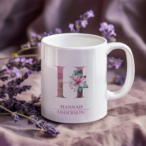 Monogram Rose Gold Watercolor Flower Letter H Coffee Mug