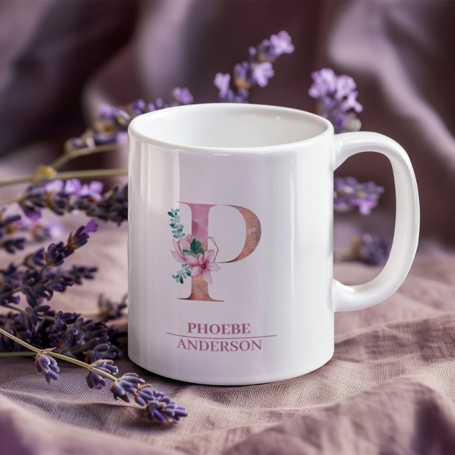 Monogram Rose Gold Watercolor Flower Letter P |  Coffee Mug (Creator Uploaded)