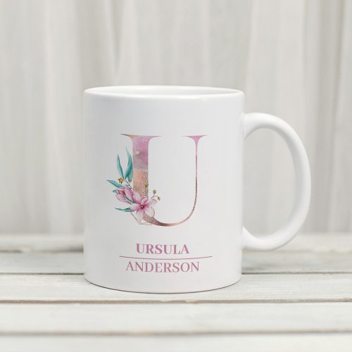 Monogram Rose Gold Watercolor Flower Letter U Coffee Mug