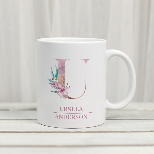 Monogram Rose Gold Watercolor Flower Letter U Coffee Mug (Creator Uploaded)
