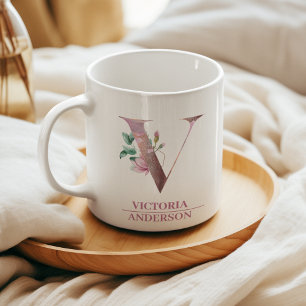 Monogram Rose Gold Watercolor Flower Letter V Coffee Mug