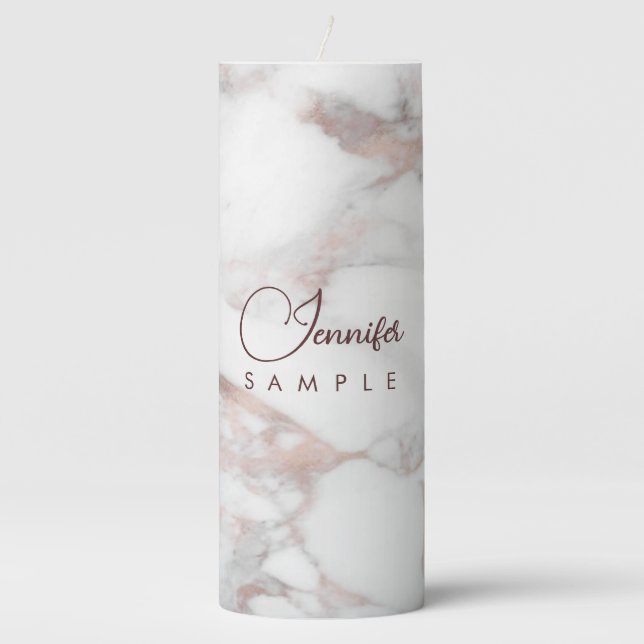 Monogram Rose Gold White Marble Template Best Pillar Candle (Front)