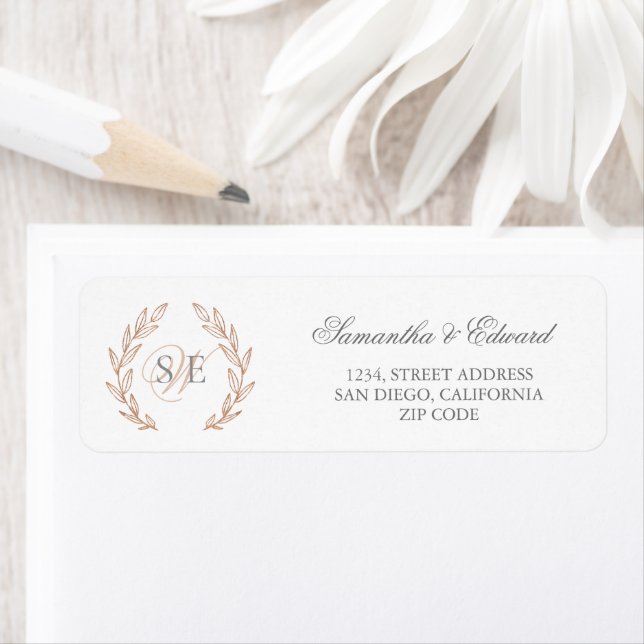 Monogram Rose Gold Wreath Wedding Return Address Label (Insitu)