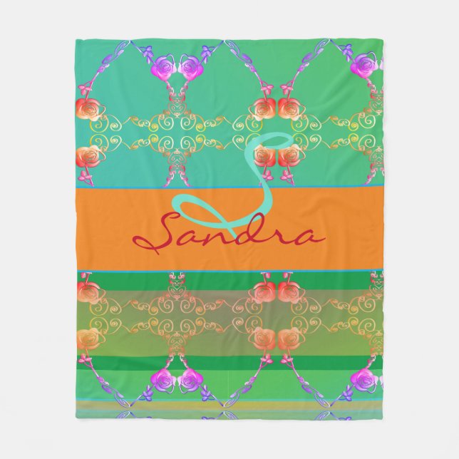 Monogram Rose Heart Apricot teal and Moss Fleece Blanket (Front)
