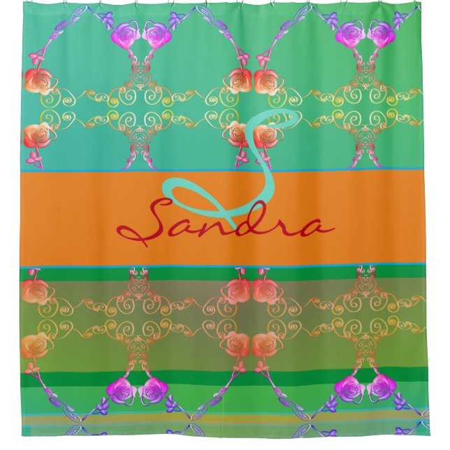Monogram Rose Heart Apricot teal and Moss  Shower Curtain (Front)