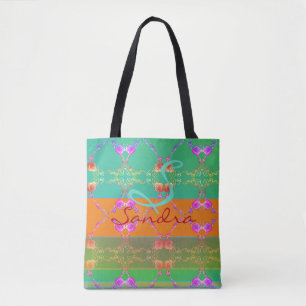 Monogram Rose Heart Apricot teal and Moss Tote Bag