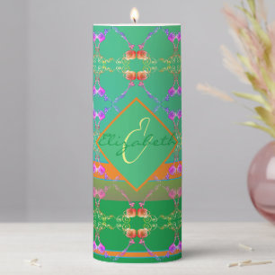 Monogram Rose Hearts on Teal and Apricot Pillar Candle