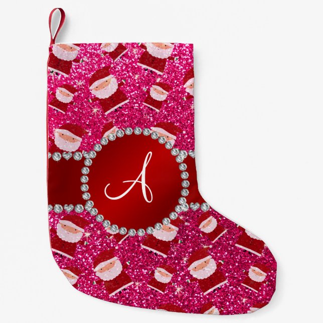 Monogram rose pink glitter christmas santa claus small christmas stocking (Front)