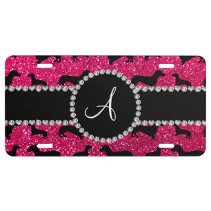 Monogram rose pink glitter dachshund license plate