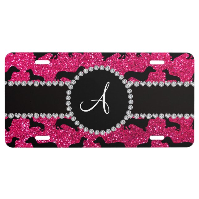 Monogram rose pink glitter dachshund license plate (Front)