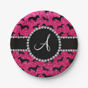 Monogram rose pink glitter dachshund paper plates