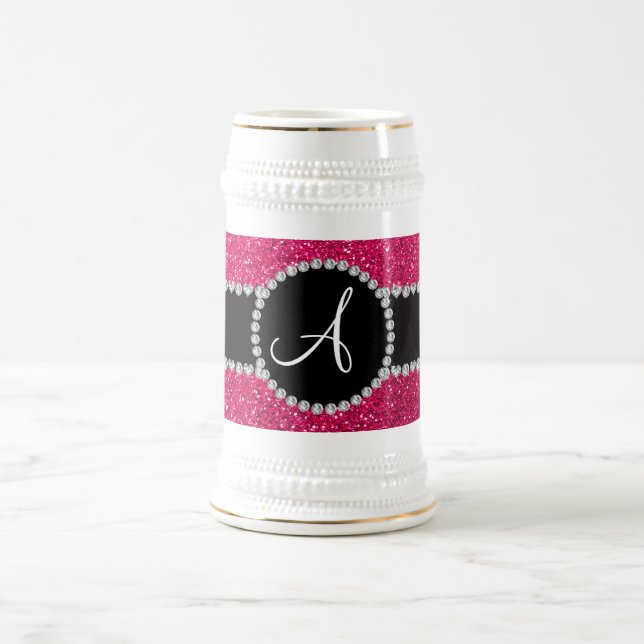 Monogram rose pink glitter diamond circle beer stein (Center)